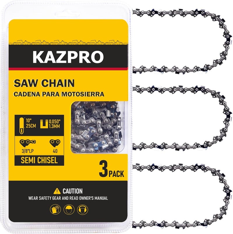 KAZPRO 10 Inch Chainsaw Chain 40 Drive Links, 3/8" LP Pitch, .050" Gauge, Pole Saw Chain Blade, Low kickback, Lubrication System, fits Echo, WORX, Sun Joe, Makita, WEN, etc, KP-S40 (3 Pack) - Image 1